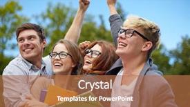 Presentation with students on campus - Beautiful slide deck featuring education friendship success and teenage concept - group of happy students showing triumph gesture at campus or park backdrop and a coral colored foreground