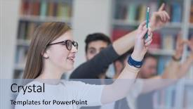  Presentation with group of students raising hands - Cool new slide deck with education fun - group of smart students raise backdrop and a light blue colored foreground