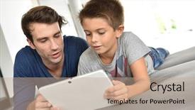  Presentation with electronics motherboard digital chip tech - Presentation design featuring education game - father and child playing background and a  colored foreground