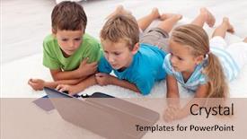  Presentation with kids - Slide deck consisting of education game - three kids looking at laptop background and a  colored foreground