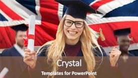  Presentation with bachelor - Colorful slides enhanced with education gesture and people concept - group of happy international students in mortarboards and bachelor gowns with diplomas celebrating successful graduation over english flag background backdrop and a coral colored foreground