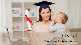  Presentation with happy baby - PPT theme enhanced with education graduation and motherhood concept background and a mint green colored foreground
