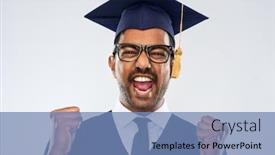 Presentation with bachelor - Colorful slide deck enhanced with education graduation and people concept - happy smiling indian male graduate student in mortar board and bachelor gown celebrating success over grey background backdrop and a teal colored foreground