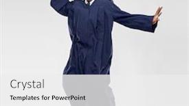  Presentation with education - Cool new theme with education graduation and people concept - happy indian male graduate student in mortar board and bachelor gown celebrating success and jumping over grey background backdrop and a white colored foreground