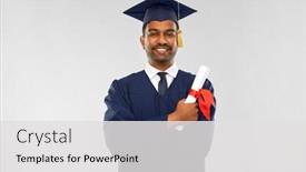  Presentation with diploma - Amazing slide set having education graduation and people concept - happy smiling indian male graduate student in mortar board and bachelor gown with diploma over grey background backdrop and a light gray colored foreground