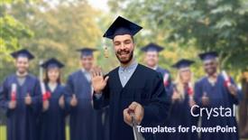  Presentation with international student - Amazing PPT theme having education-graduation-and-people-concept backdrop and a navy blue colored foreground