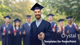  Presentation with international student - Colorful presentation theme enhanced with education-graduation-and-people-concept backdrop and a navy blue colored foreground