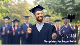  Presentation with international student - Beautiful PPT theme featuring education-graduation-and-people-concept backdrop and a navy blue colored foreground