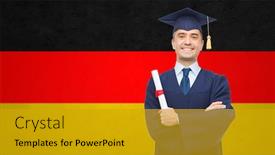  Presentation with adult education - Slide set with education graduation and people concept - smiling adult student in mortarboard with diploma over german flag background background and a gold colored foreground