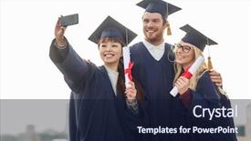  Presentation with education technology - Colorful presentation design enhanced with education graduation technology and people backdrop and a wine colored foreground