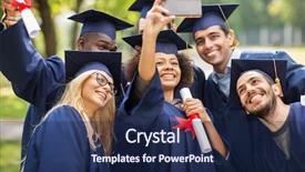  Presentation with education technology - Amazing slide deck having education graduation technology and people backdrop and a navy blue colored foreground