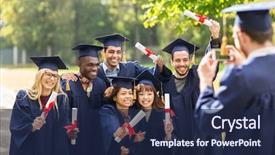  Presentation with technology students - Slides enhanced with education graduation technology and people background and a navy blue colored foreground