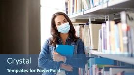  Presentation with medical library - Amazing PPT theme having education-healthcare-and-pandemic-concept backdrop and a ocean colored foreground