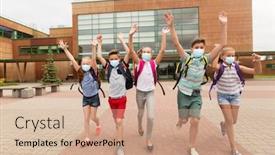  Presentation with school backpacks - PPT theme with education-healthcare-and-pandemic-concept background and a coral colored foreground