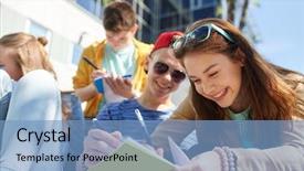  Presentation with diverse high school students - PPT theme having people concept - group of happy background and a teal colored foreground