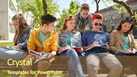  Presentation with high school students - Beautiful theme featuring education high school and people concept - group of happy teenage students with notebooks learning at campus yard backdrop and a tawny brown colored foreground
