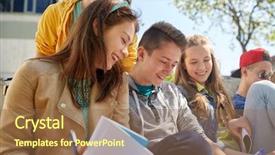  Presentation with high school students - Amazing PPT theme having education high school and people concept - group of happy teenage students with notebooks learning at campus yard backdrop and a tawny brown colored foreground