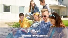  Presentation with high school students - Slides featuring education high school and people concept - group of happy teenage students with notebooks learning at campus yard background and a ocean colored foreground