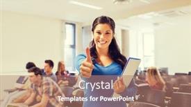  Presentation with lecture hall - Beautiful PPT layouts featuring education high school gesture and people concept - group of smiling students with notepads showing thumbs up in lecture hall backdrop and a coral colored foreground