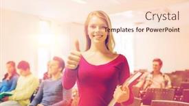  Presentation with lecture hall - Colorful slide deck enhanced with education high school gesture and people concept - group of smiling students with notepads showing thumbs up in lecture hall backdrop and a lemonade colored foreground