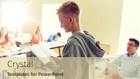 Presentation with examination - PPT theme having education high school learning examination and people concept - student boy with notebook and teacher in classroom background and a lemonade colored foreground