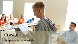  Presentation with examination - Colorful presentation enhanced with education high school learning examination and people concept - student boy with notebook and teacher in classroom backdrop and a coral colored foreground