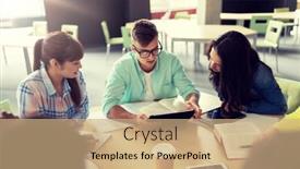  Presentation with technology students - Cool new PPT layouts with education high school people and technology concept - group of international students sitting at table with tablet pc computers books and notebooks at university backdrop and a coral colored foreground