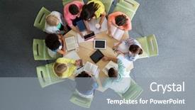  Presentation with international education - Slides with education high school people and technology concept - group of international students sitting at table with tablet pc computers books and notebooks at university library from top background and a gray colored foreground