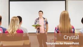  Presentation with teamwork school - Amazing PPT theme having education high school teamwork and people concept - smiling student boy with notebook standing in front of students in classroom backdrop and a coral colored foreground
