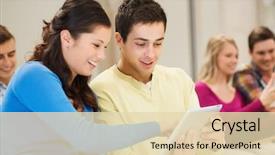  Presentation with education teamwork - Slides featuring smiling students with tablet background and a lemonade colored foreground