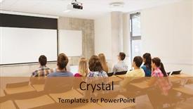  Presentation with teamwork school - PPT theme featuring education high school teamwork and people concept - group of students sitting in lecture hall from back background and a coral colored foreground