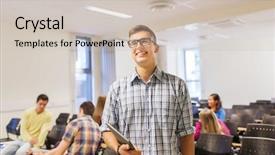  Presentation with teamwork school - PPT theme having education high school teamwork and people concept - group of smiling students with notepads sitting in lecture hall background and a soft green colored foreground