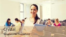  Presentation with education teamwork - Audience pleasing theme consisting of education high school teamwork and people concept - group of smiling students with notepads sitting in lecture hall backdrop and a coral colored foreground