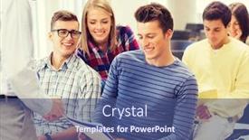  Presentation with education teamwork - Audience pleasing theme consisting of education high school teamwork and people concept - group of smiling students with notebooks and teacher talking in classroom backdrop and a ocean colored foreground