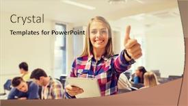  Presentation with education teamwork - Theme having education high school teamwork and people concept - group of smiling students with tablet pc computer howing thumbs up in lecture hall background and a soft green colored foreground