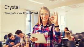  Presentation with education teamwork - Audience pleasing presentation consisting of education high school teamwork and people concept - group of smiling students with tablet pc computer showing ok gesture in lecture hall backdrop and a lemonade colored foreground