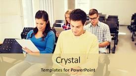  Presentation with education teamwork - PPT layouts with education high school teamwork and people concept - group of smiling students with notepads sitting in lecture hall background and a blonde colored foreground