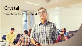  Presentation with education teamwork - Colorful slide deck enhanced with education high school teamwork and people concept - group of smiling students with notepads sitting in lecture hall backdrop and a lemonade colored foreground