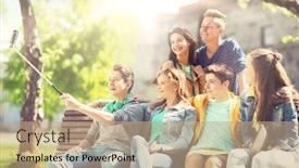  Presentation with technology students - PPT theme consisting of education high school technology and people concept - group of happy teenage students or friends taking selfie by smartphone and monopod background and a coral colored foreground