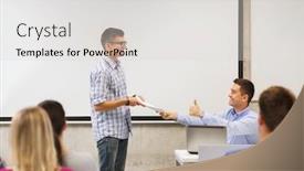  Presentation with high technology - Beautiful theme featuring education high school technology and people concept - smiling student with notepad laptop computer standing in front of teacher showing thumbs up gesture in classroom backdrop and a light gray colored foreground