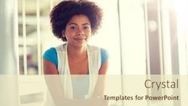  Presentation with african american high school - Slide set consisting of education high school university learning and people concept - smiling african american student girl sitting on stairs at library background and a cream colored foreground