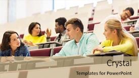  Presentation with international education - Cool new presentation theme with education high school university learning and people concept - group of international students with notebooks writing in lecture hall backdrop and a coral colored foreground
