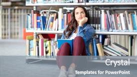 Presentation with high-school - Amazing slide deck having education high school university learning and people concept - student girl reading book sitting on floor at library backdrop and a gray colored foreground