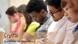  Presentation with international education - Audience pleasing slides consisting of education high school university learning and people concept - group of international students writing at lecture backdrop and a coral colored foreground