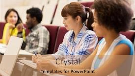  Presentation with lecture hall - Presentation theme with education high school university learning and people concept - group of international students talking in lecture hall background and a coral colored foreground