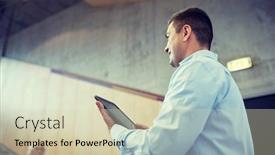  Presentation with lecture hall - PPT theme with education high school university teaching and people concept - close up of teacher with tablet pc computer at lecture hall background and a soft green colored foreground