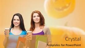  Presentation with paper cups - Colorful PPT layouts enhanced with education holidays friendship drinks and people concept - smiling student girls with books and paper coffe cups over halloween pumpkins background backdrop and a yellow colored foreground
