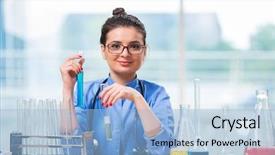  Presentation with laboratory chemical - Amazing slide deck having education industry - woman doctor doing chemical tests backdrop and a  colored foreground