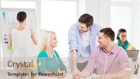  Presentation with interior design office - Slides consisting of education interior design and office concept - smiling interior designers with color samples and blueprint in office background and a soft green colored foreground