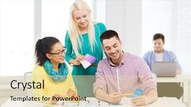  Presentation with interior design office - Colorful PPT theme enhanced with education interior design and office concept - smiling interior designers with color samples and blueprint in office backdrop and a blonde colored foreground